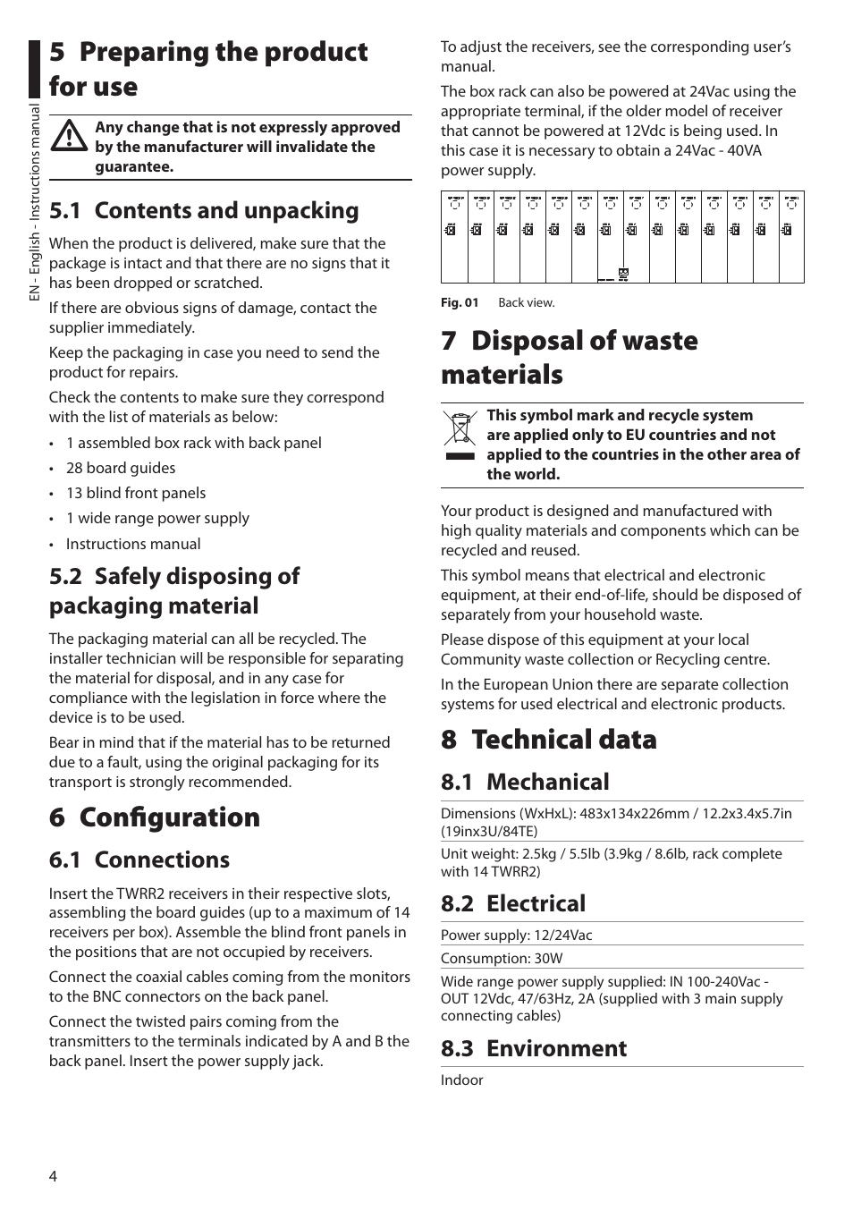 5 preparing the product for use, 1 contents and unpacking, 2 safely disposing of packaging material | 6 configuration, 1 connections, 7 disposal of waste materials, 8 technical data, 1 mechanical, 2 electrical, 3 environment | Videotec TWRC1 User Manual | Page 6 / 20