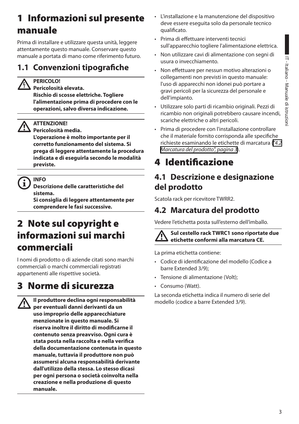 1 informazioni sul presente manuale, 1 convenzioni tipografiche, 3 norme di sicurezza | 4 identificazione, 1 descrizione e designazione del prodotto, 2 marcatura del prodotto | Videotec TWRC1 User Manual | Page 9 / 20