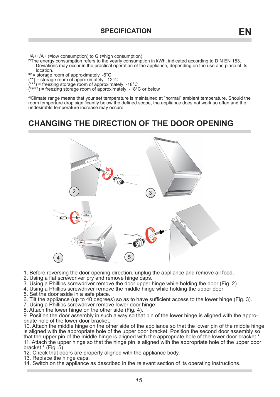 Changing the direction of the door opening, Specification | AMICA Built-in refrigerators BK309.3FA EN User Manual | Page 15 / 20