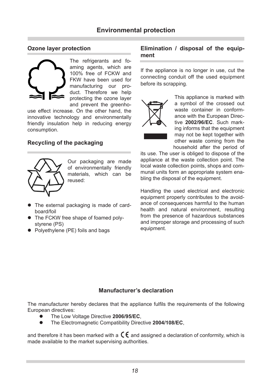Environmental protection | AMICA Built-in refrigerators UC150.3 EN User Manual | Page 18 / 20