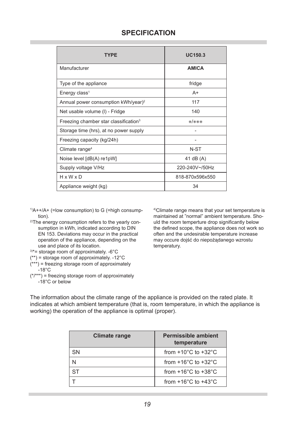 Specification | AMICA Built-in refrigerators UC150.3 EN User Manual | Page 19 / 20