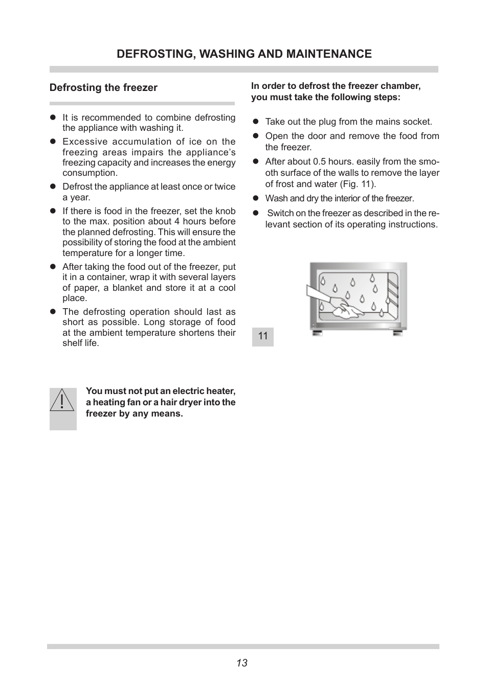 Defrosting, washing and maintenance | AMICA Built-in refrigerators UZ130.3 EN User Manual | Page 13 / 20