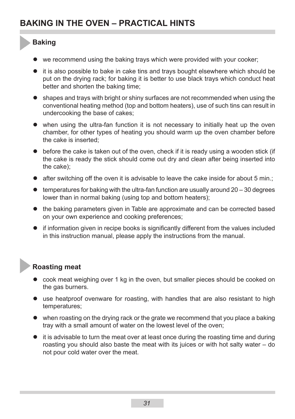 Baking in the oven – practical hints | AMICA 1143.4TfYDX EN User Manual | Page 31 / 40