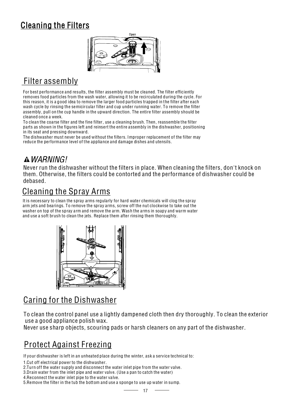 Cleaning the spray arms, Caring for the dishwasher, Protect against freezing | Filter assembly, Cleaning the filters | AMICA ZIM427 EN User Manual | Page 19 / 29