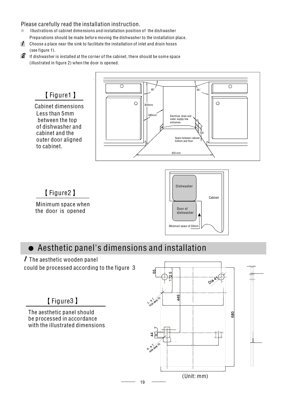 Aesthetic panel's dimensions and installation, Figure2, Figure1 | Figure3, Please carefully read the installation instruction, Minimum space when the door is opened, Cabinet dimensions | AMICA ZIM427 EN User Manual | Page 21 / 29