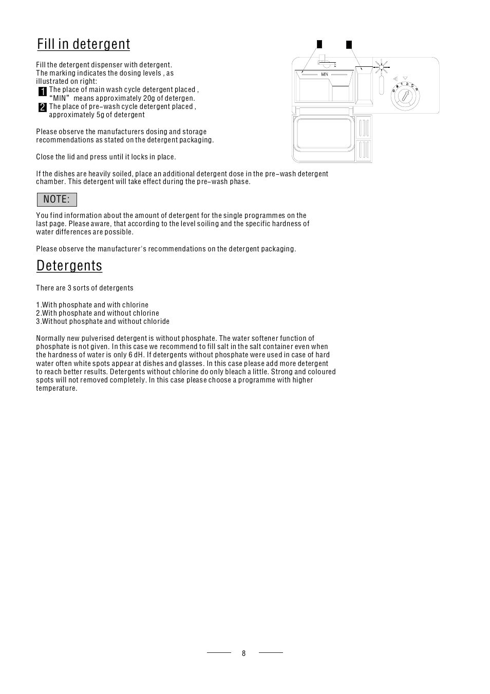 Detergents, Fill in detergent | AMICA ZIM627 EN User Manual | Page 10 / 29