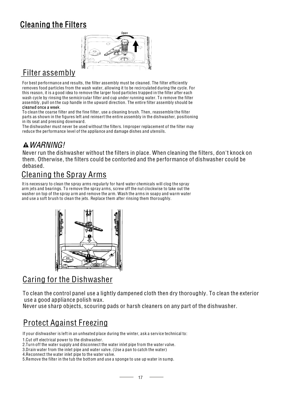 Cleaning the spray arms, Caring for the dishwasher, Protect against freezing | Filter assembly, Cleaning the filters | AMICA ZIM627 EN User Manual | Page 19 / 29