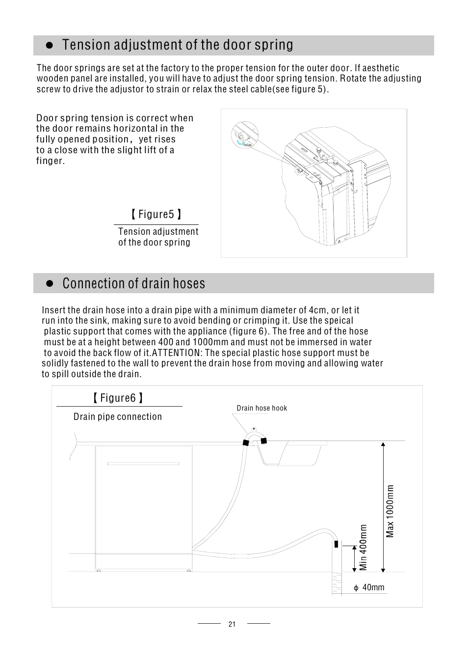 Tension adjustment of the door spring, Connection of drain hoses | AMICA ZIM627 EN User Manual | Page 23 / 29