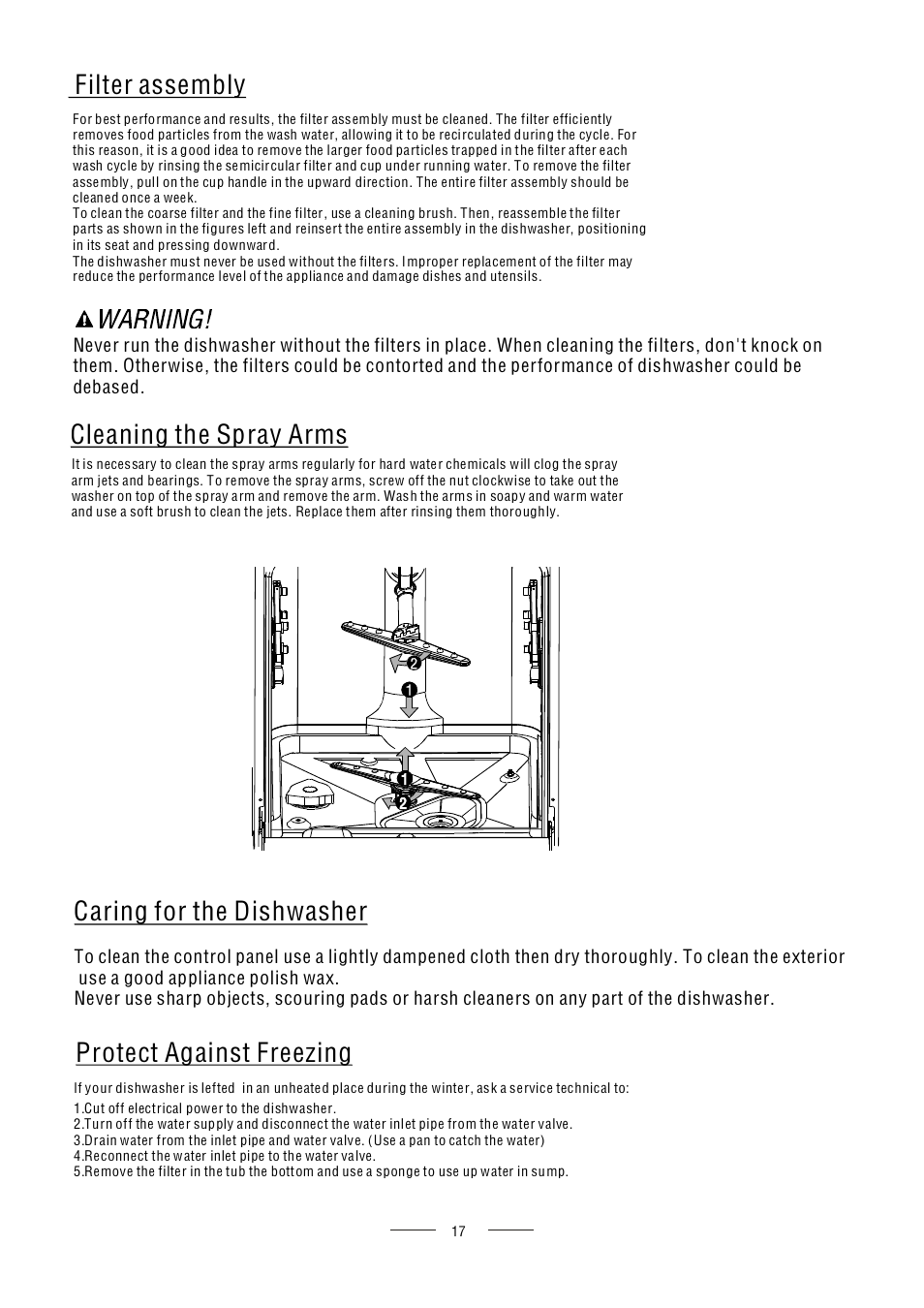 Cleaning the spray arms caring for the dishwasher, Protect against freezing, Filter assembly | AMICA ZWM 616 W EN User Manual | Page 19 / 26