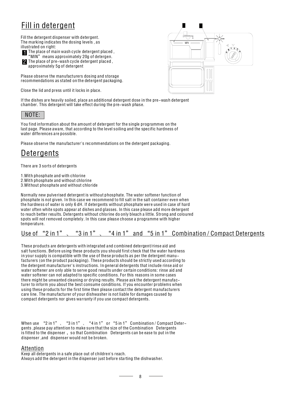 Detergents, Fill in detergent, Attention | AMICA ZZM616W EN User Manual | Page 10 / 29