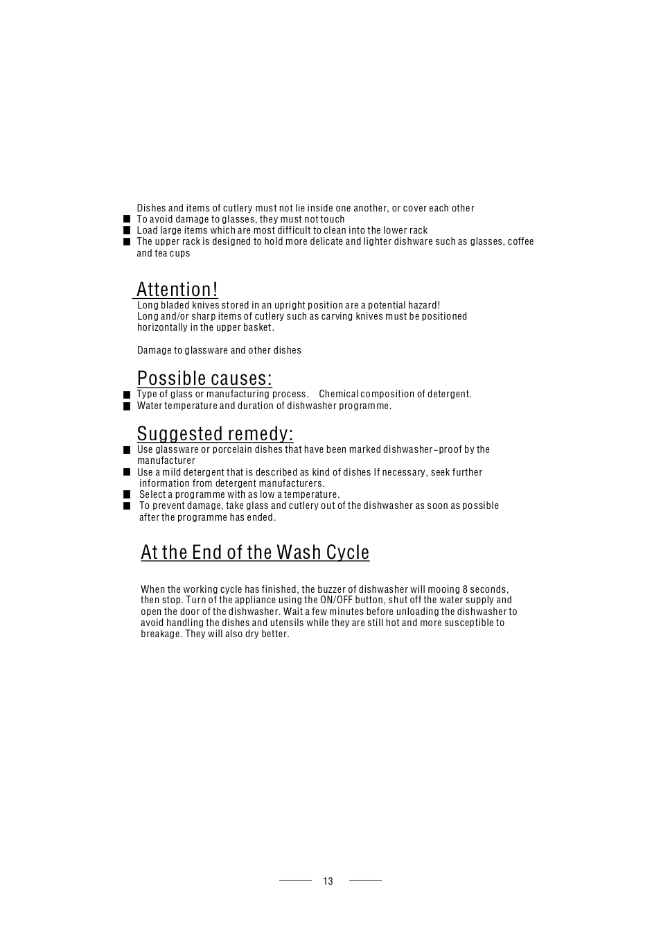 Attention! possible causes: suggested remedy, At the end of the wash cycle | AMICA ZZM616W EN User Manual | Page 15 / 29