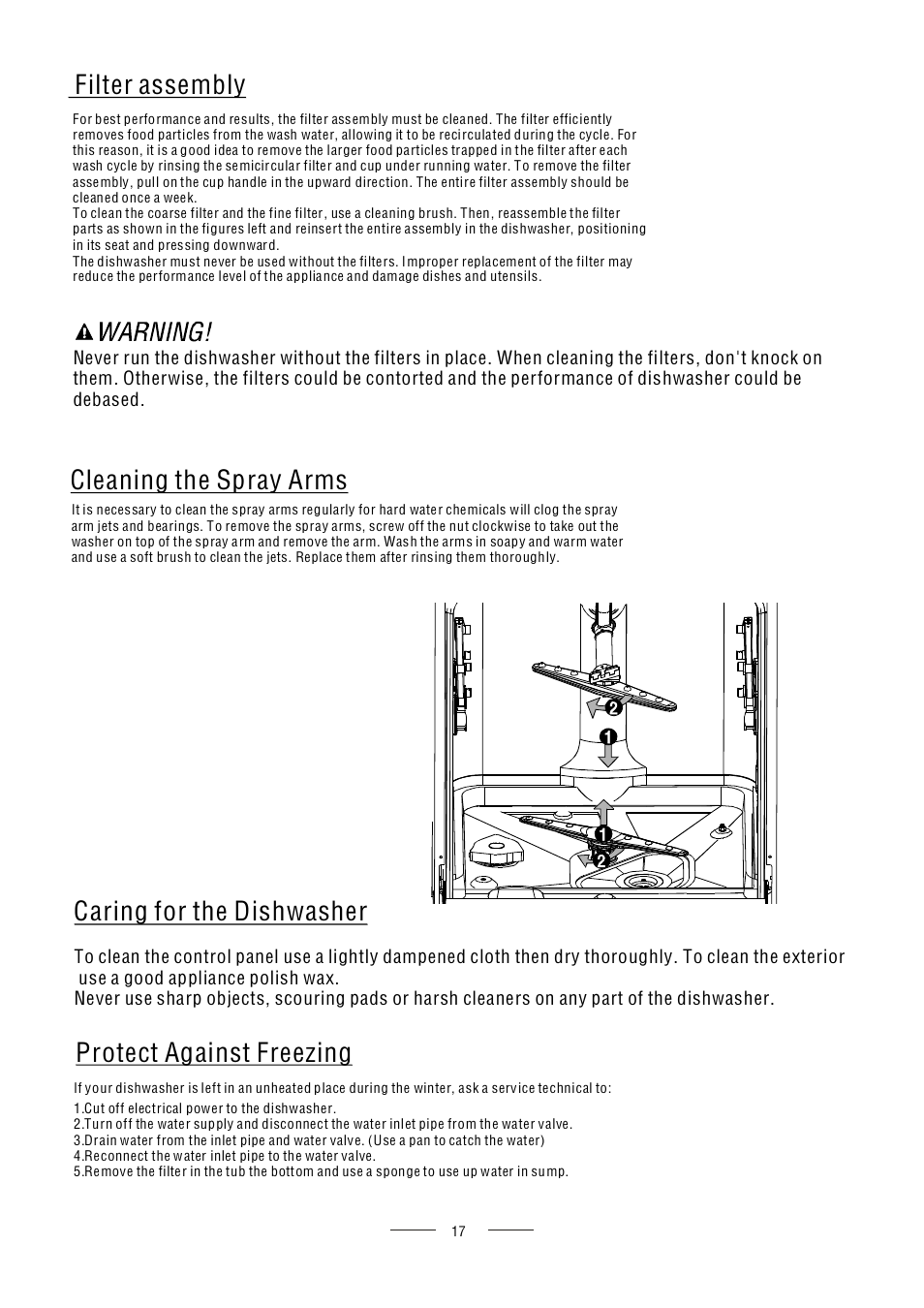 Cleaning the spray arms, Caring for the dishwasher, Protect against freezing | Filter assembly | AMICA ZZM616W EN User Manual | Page 19 / 29