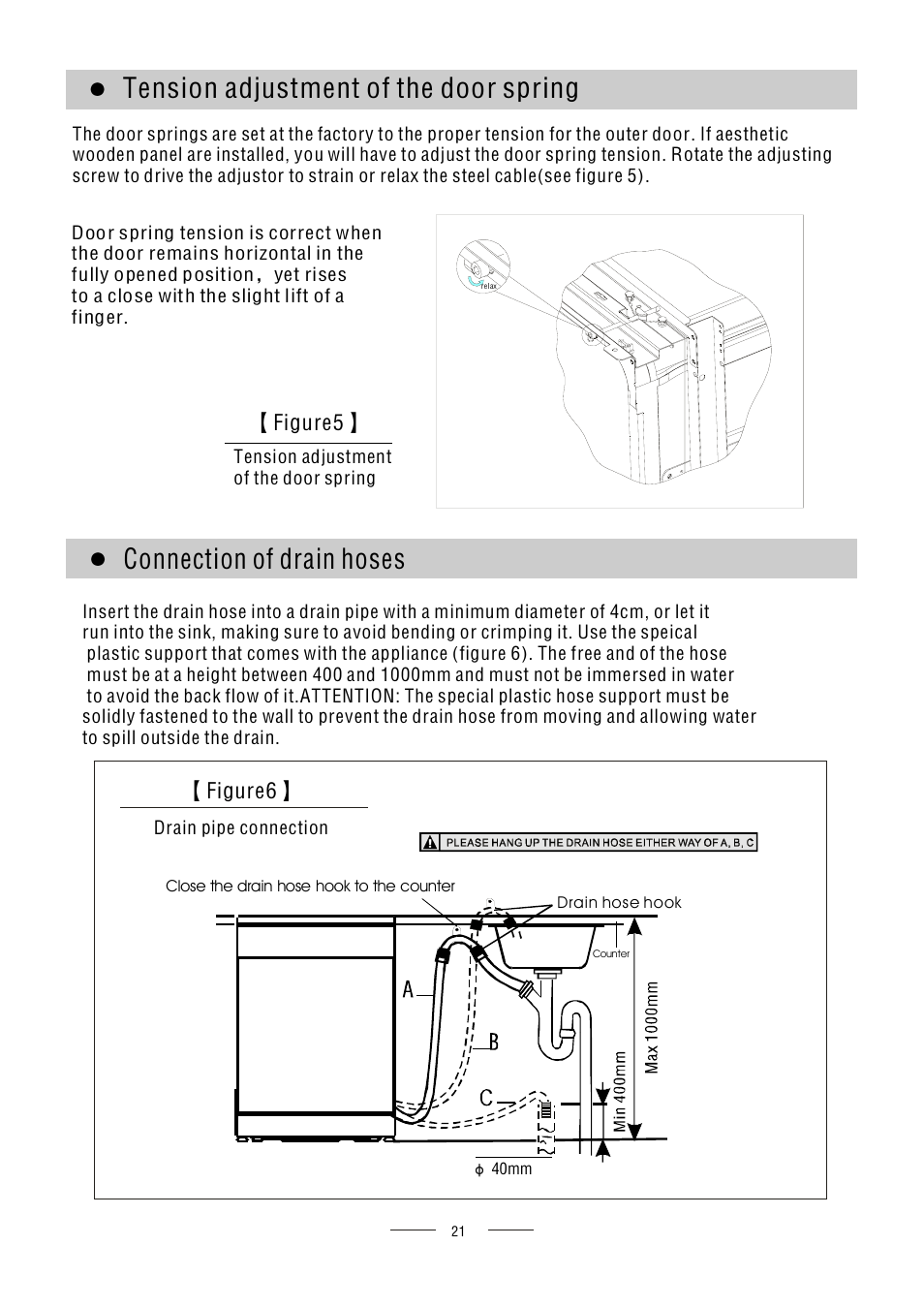Tension adjustment of the door spring, Connection of drain hoses | AMICA ZZM616W EN User Manual | Page 23 / 29
