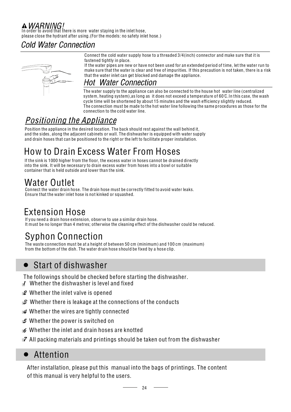 Attention, Start of dishwasher | AMICA ZZM616W EN User Manual | Page 26 / 29