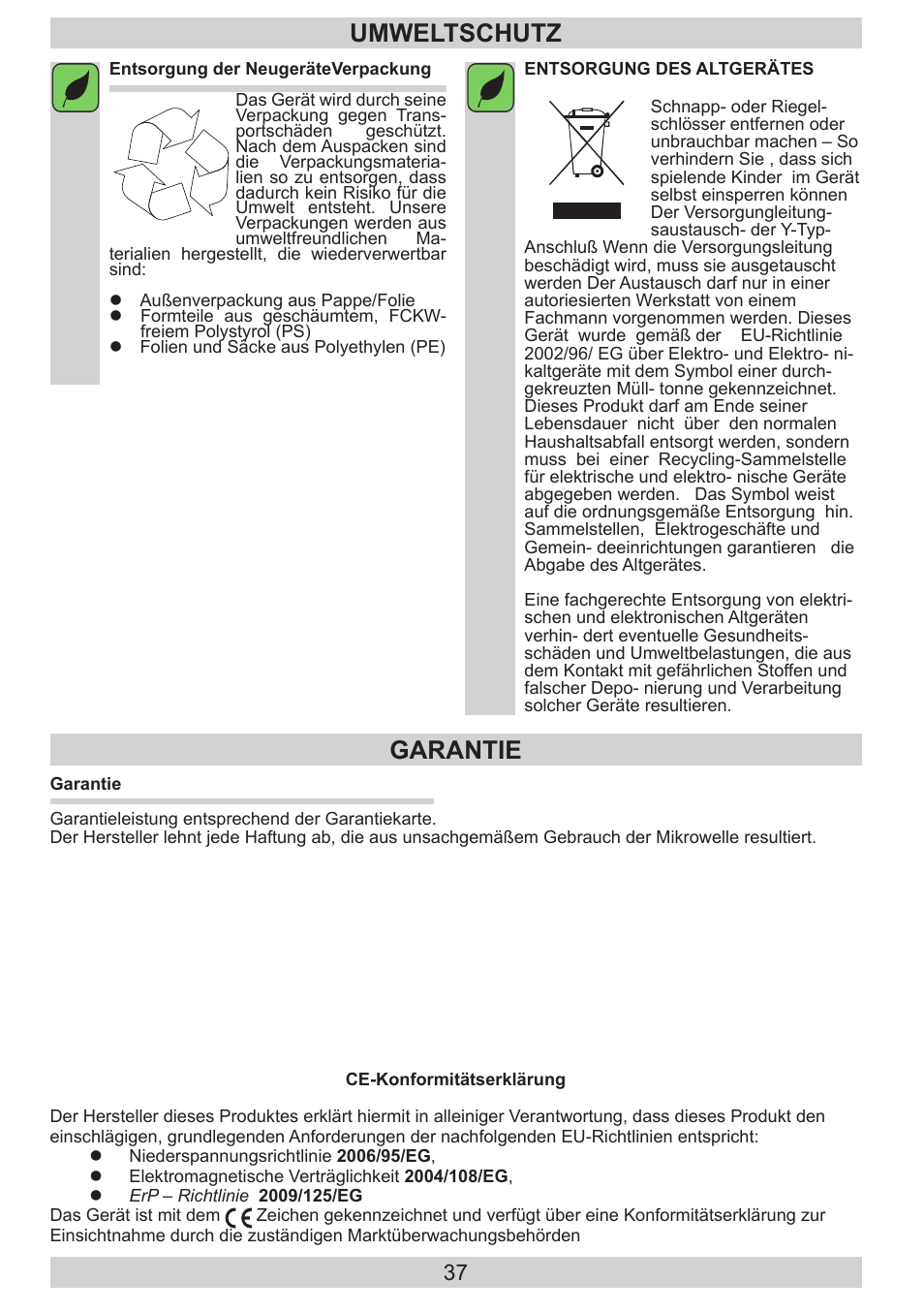 Umweltschutz, Garantie | AMICA KH 17212 E DE User Manual | Page 37 / 42