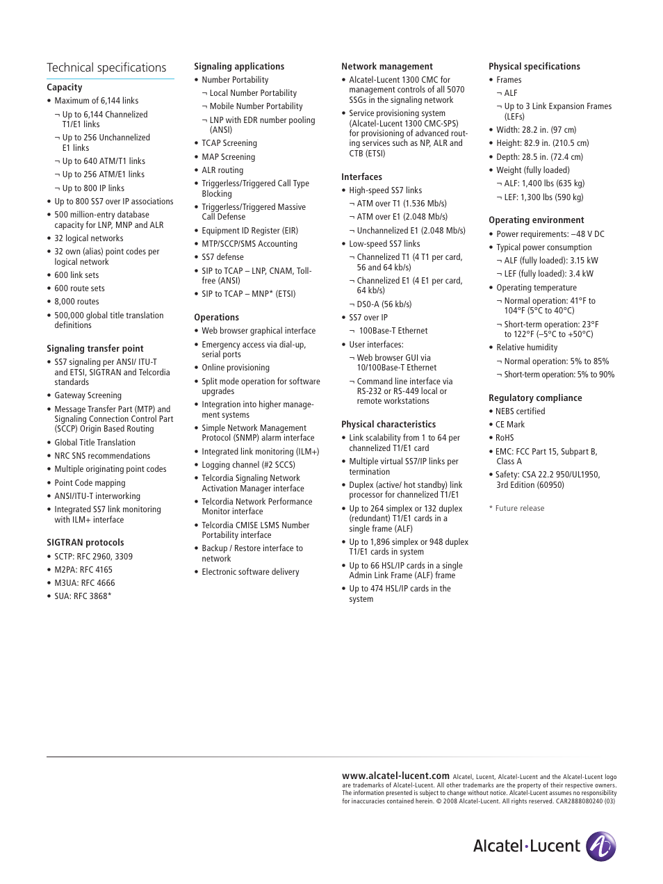 Technical specifications | Alcatel-Lucent 5070 SSG User Manual | Page 2 / 2