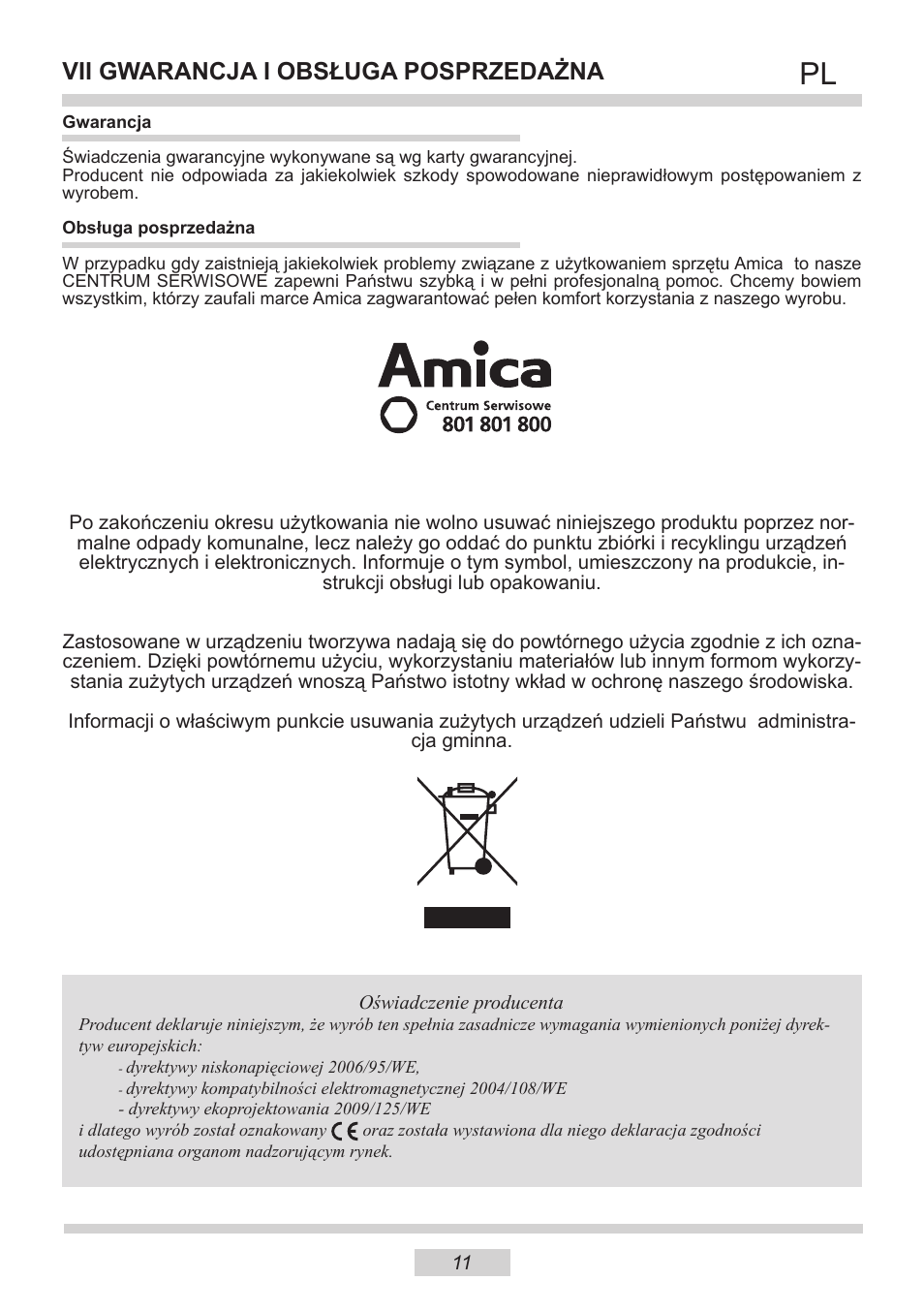 Vii gwarancja i obsługa posprzedażna | AMICA IH 17200 E DE User Manual | Page 11 / 36