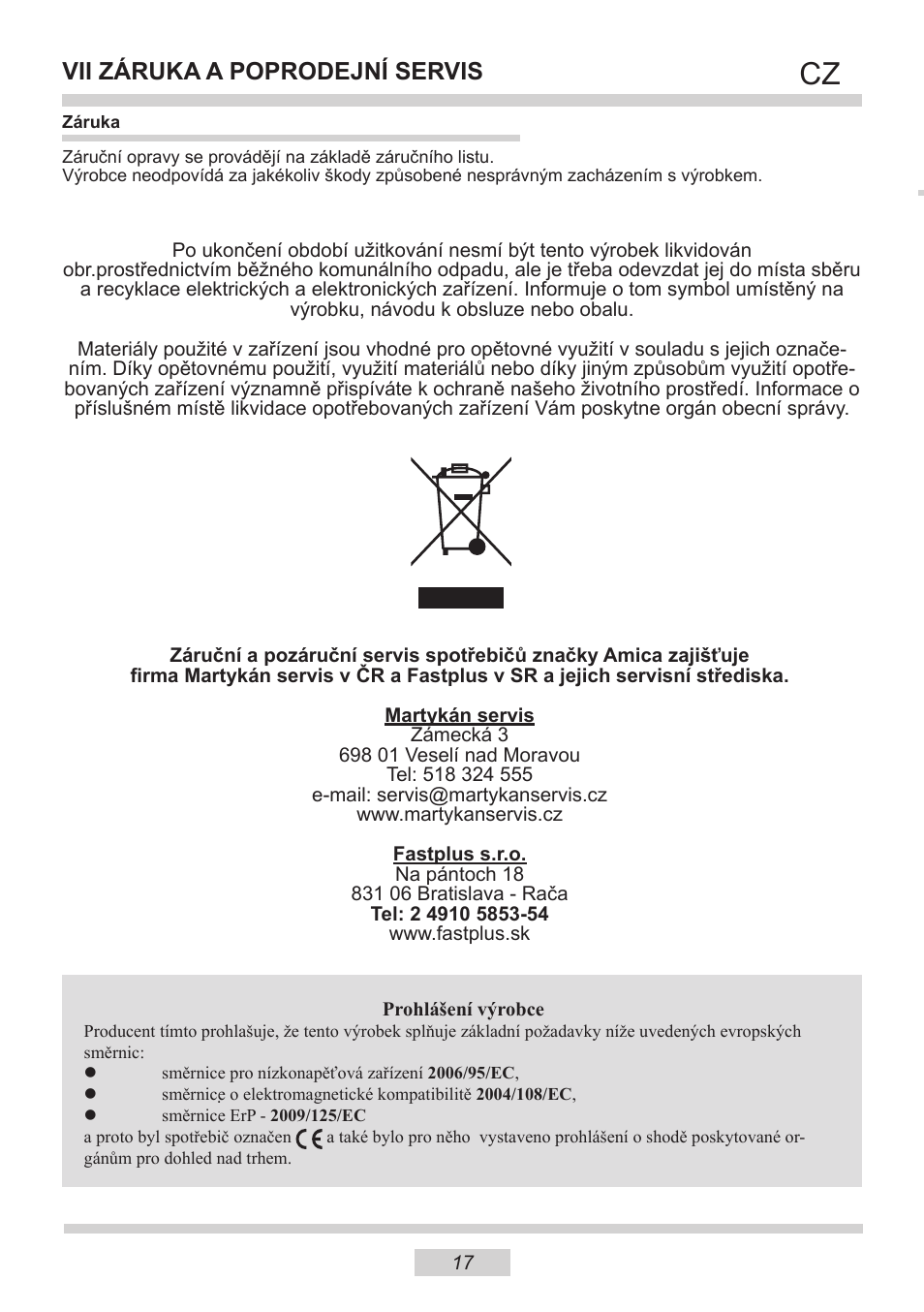 Vii záruka a poprodejní servis | AMICA IH 17200 E DE User Manual | Page 17 / 36