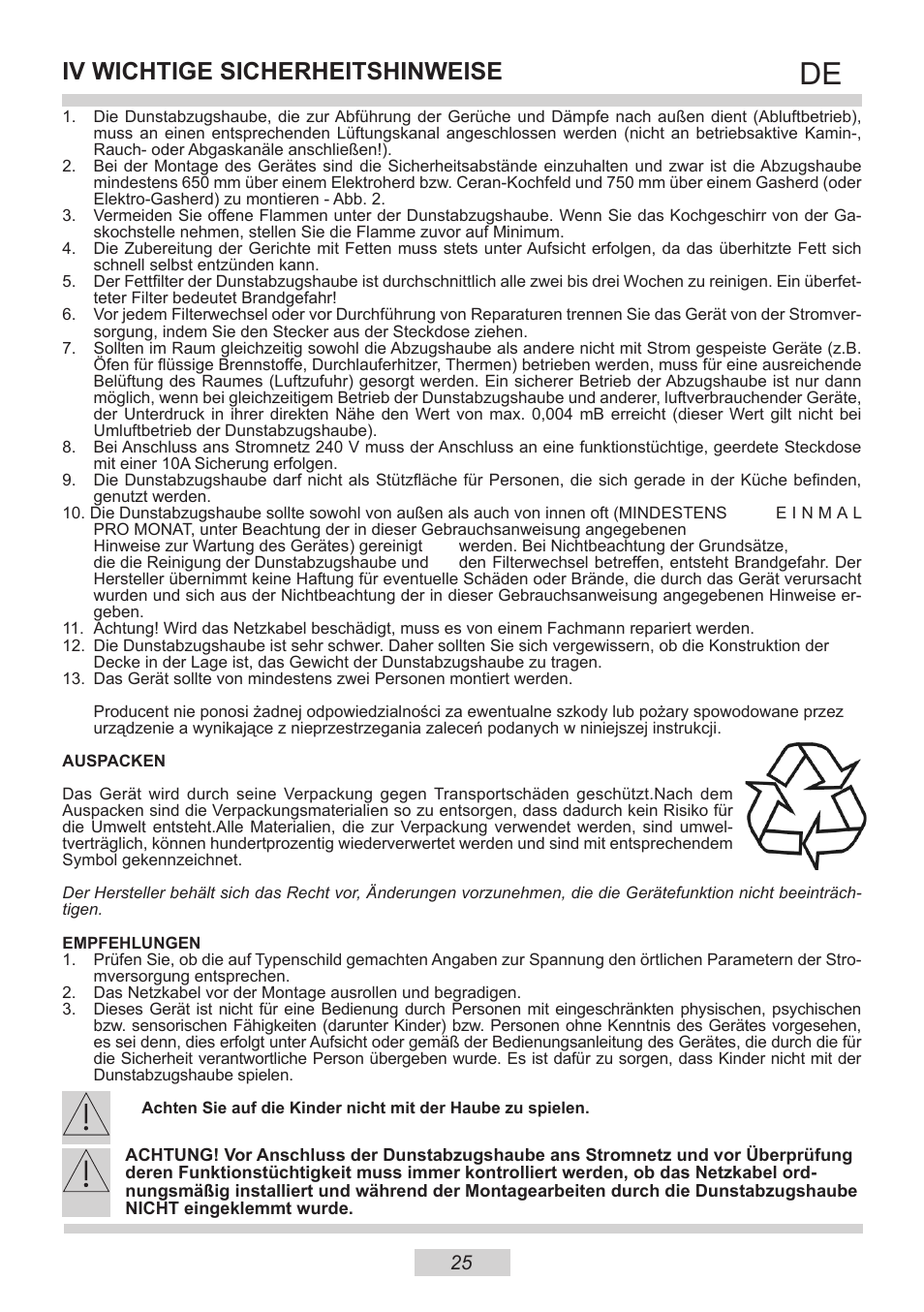 Iv wichtige sicherheitshinweise | AMICA IH 17200 E DE User Manual | Page 25 / 36