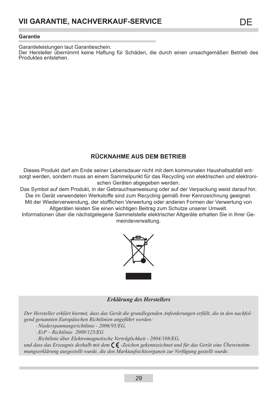Vii garantie, nachverkauf-service | AMICA IH 17200 E DE User Manual | Page 29 / 36