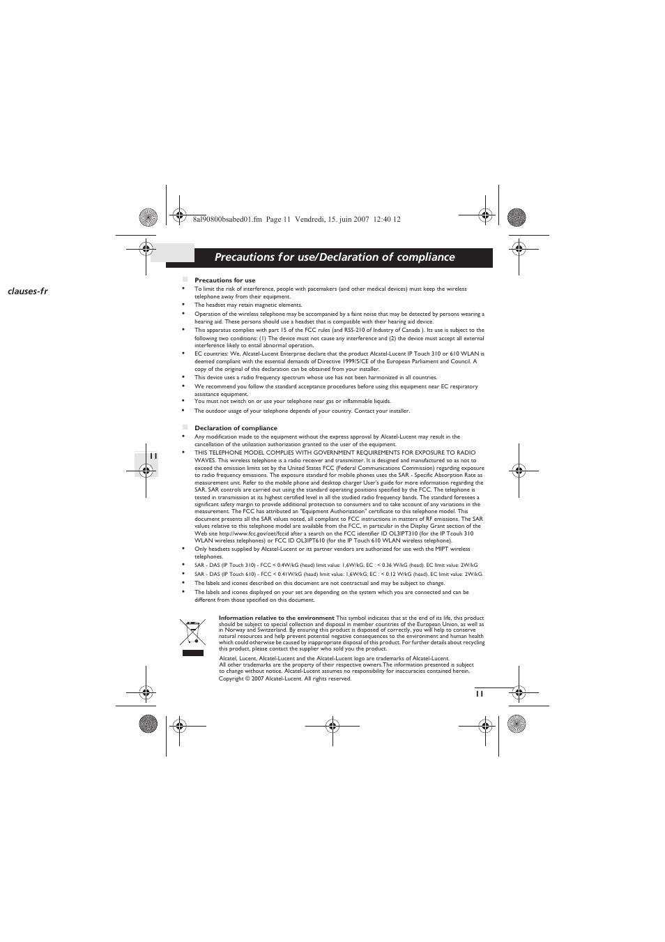 Precautions for use/declaration of compliance | Alcatel-Lucent IP Touch 310 User Manual | Page 11 / 12