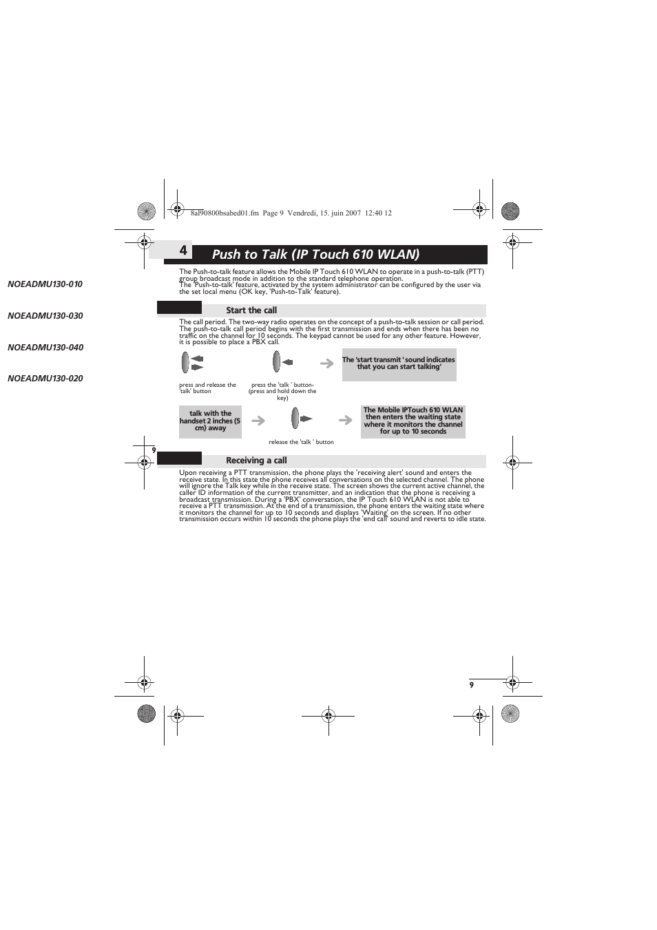 Start the call, Receiving a call, Push to talk (ip touch 610 wlan) 4 | Alcatel-Lucent IP Touch 310 User Manual | Page 9 / 12