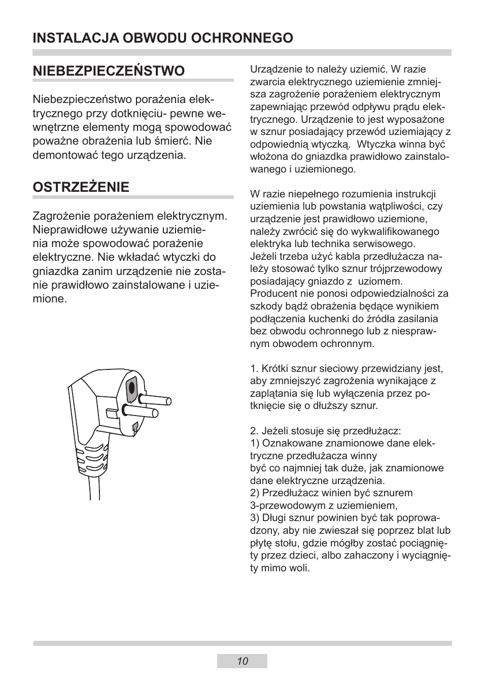 Instalacja obwodu ochronnego niebezpieczeństwo, Ostrzeżenie | AMICA EMW 13180 E DE User Manual | Page 10 / 116
