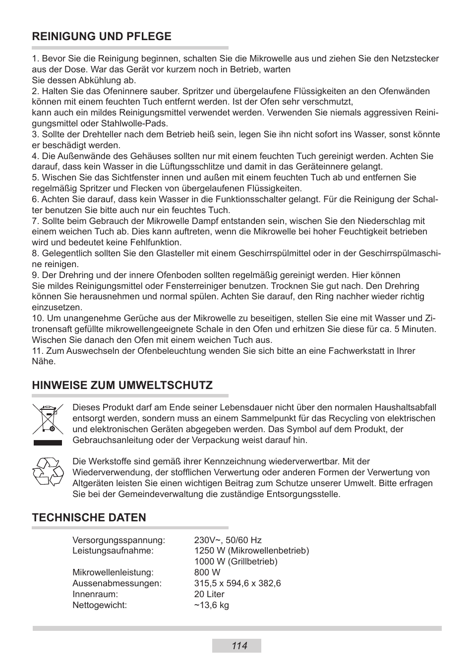 Reinigung und pflege, Hinweise zum umweltschutz, Technische daten | AMICA EMW 13180 E DE User Manual | Page 114 / 116