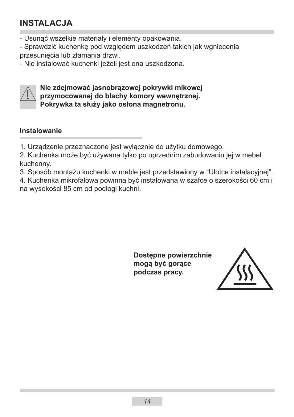 Instalacja | AMICA EMW 13180 E DE User Manual | Page 14 / 116