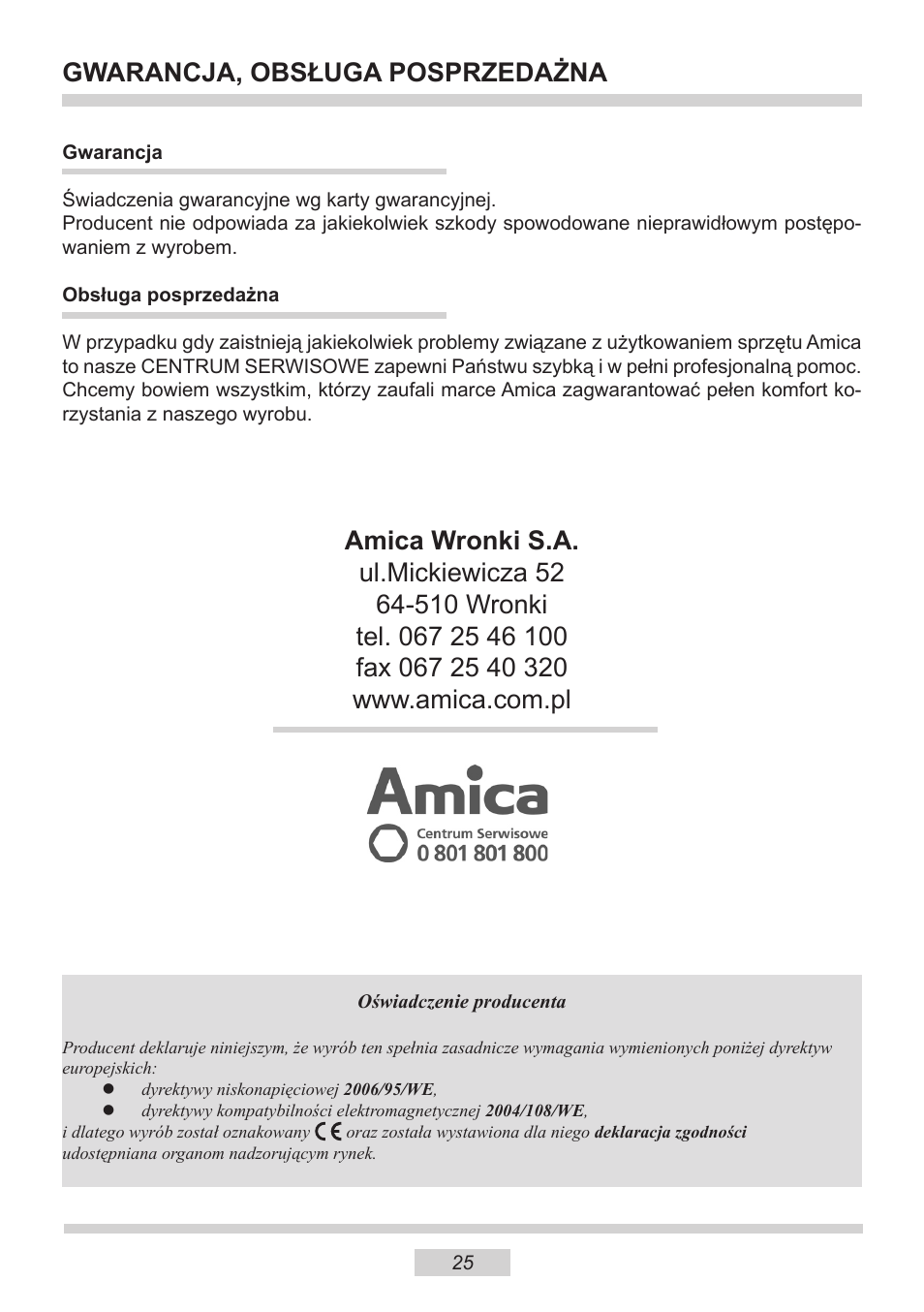 Gwarancja, obsługa posprzedażna | AMICA EMW 13180 E DE User Manual | Page 25 / 116