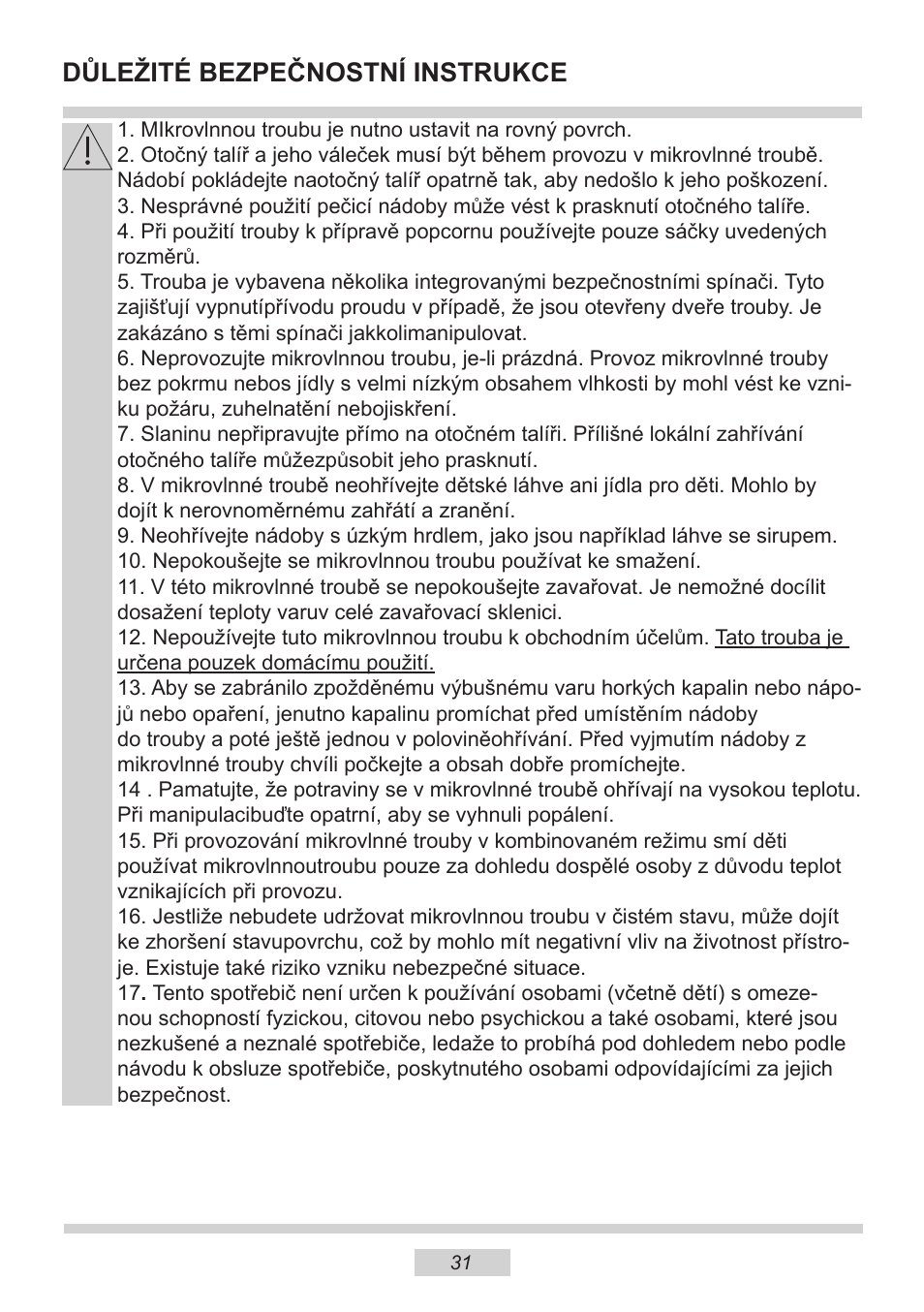 Důležité bezpečnostní instrukce | AMICA EMW 13180 E DE User Manual | Page 31 / 116