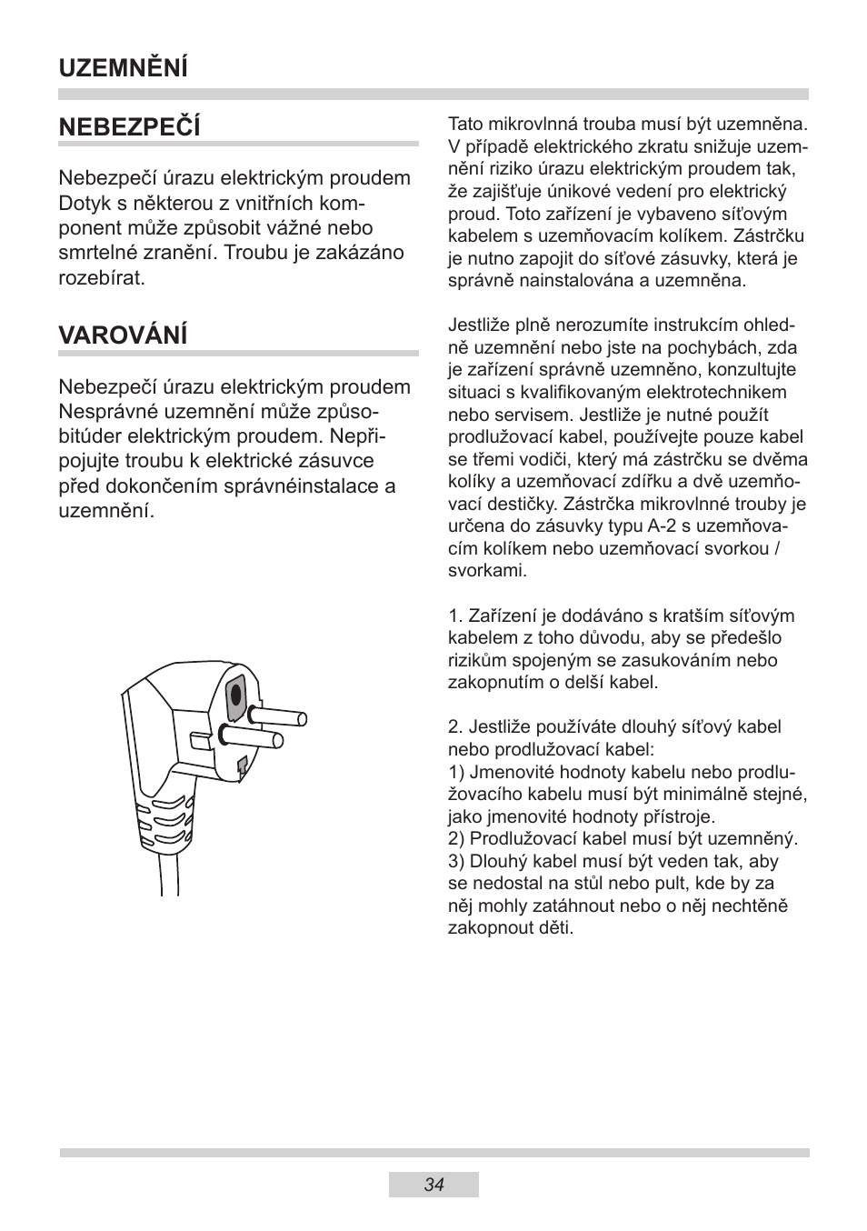 Uzemnění nebezpečí, Varování | AMICA EMW 13180 E DE User Manual | Page 34 / 116