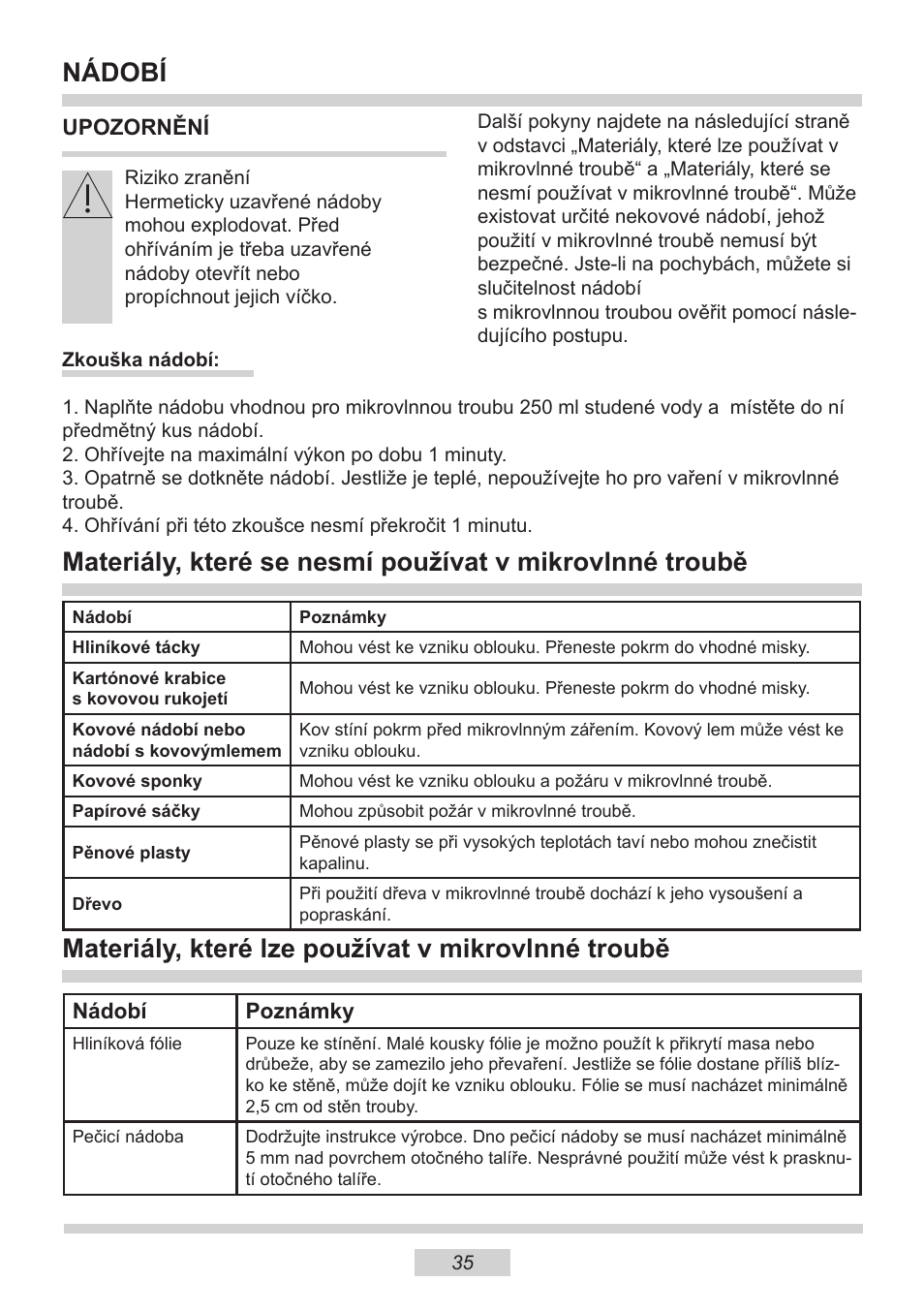 Nádobí, Materiály, které lze používat v mikrovlnné troubě | AMICA EMW 13180 E DE User Manual | Page 35 / 116