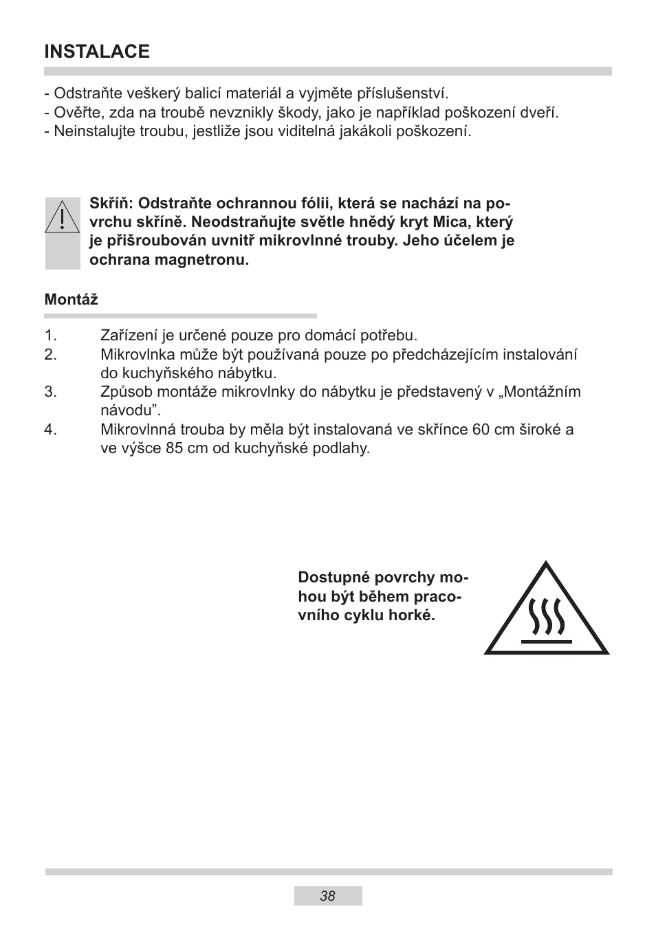 Instalace | AMICA EMW 13180 E DE User Manual | Page 38 / 116