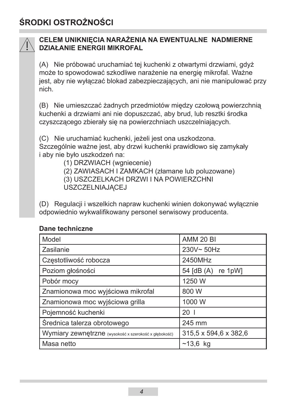 Środki ostrożności | AMICA EMW 13180 E DE User Manual | Page 4 / 116