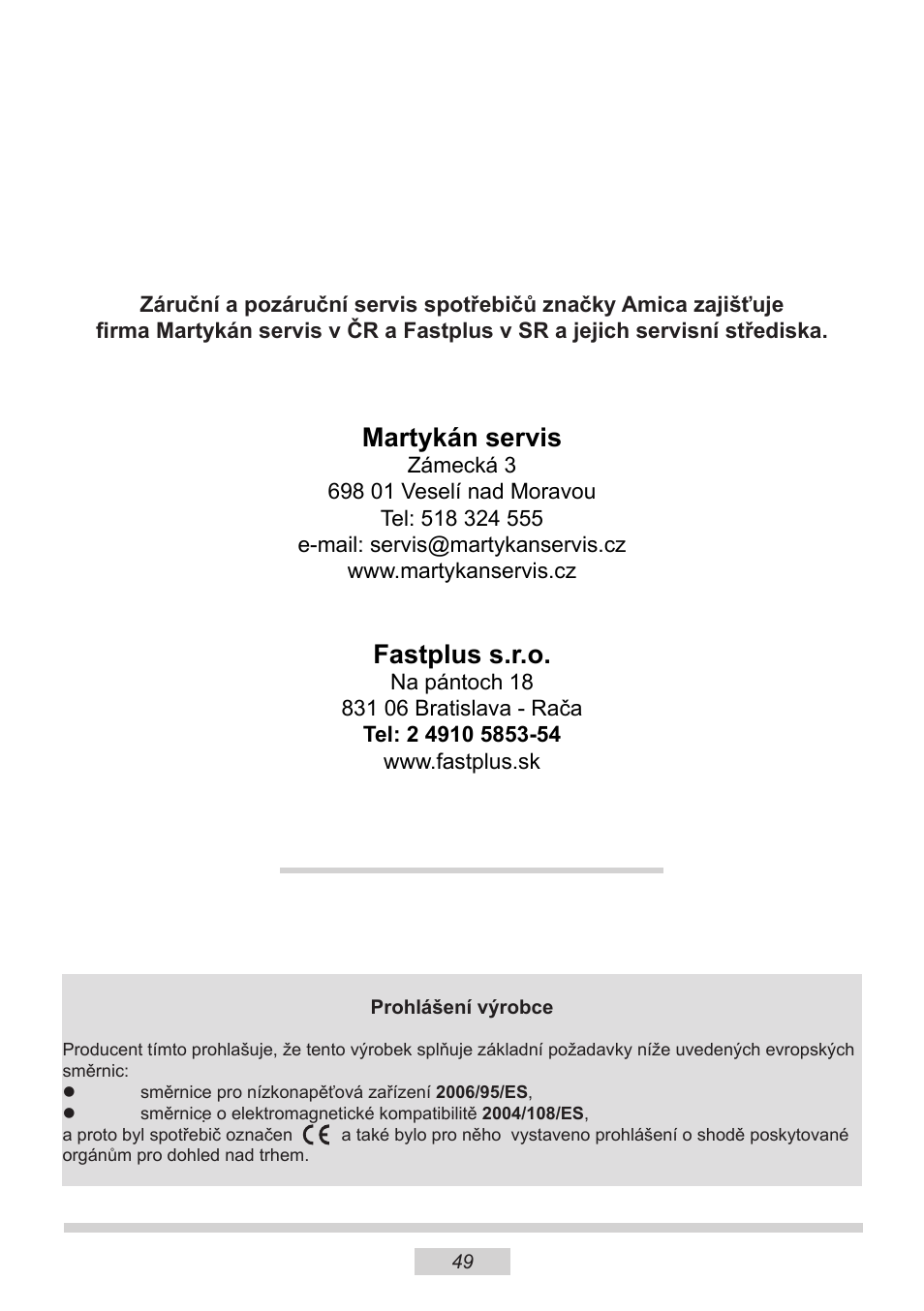 Martykán servis, Fastplus s.r.o | AMICA EMW 13180 E DE User Manual | Page 49 / 116