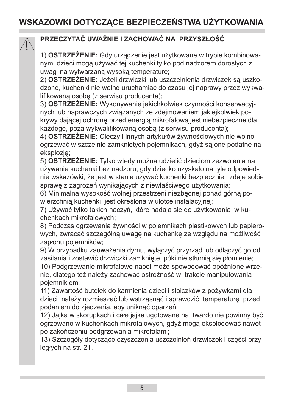 Wskazówki dotyczące bezpieczeństwa użytkowania | AMICA EMW 13180 E DE User Manual | Page 5 / 116