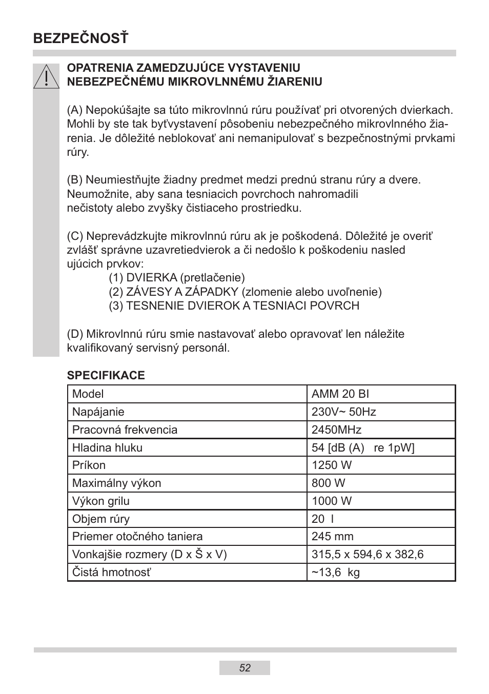 Bezpečnosť | AMICA EMW 13180 E DE User Manual | Page 52 / 116