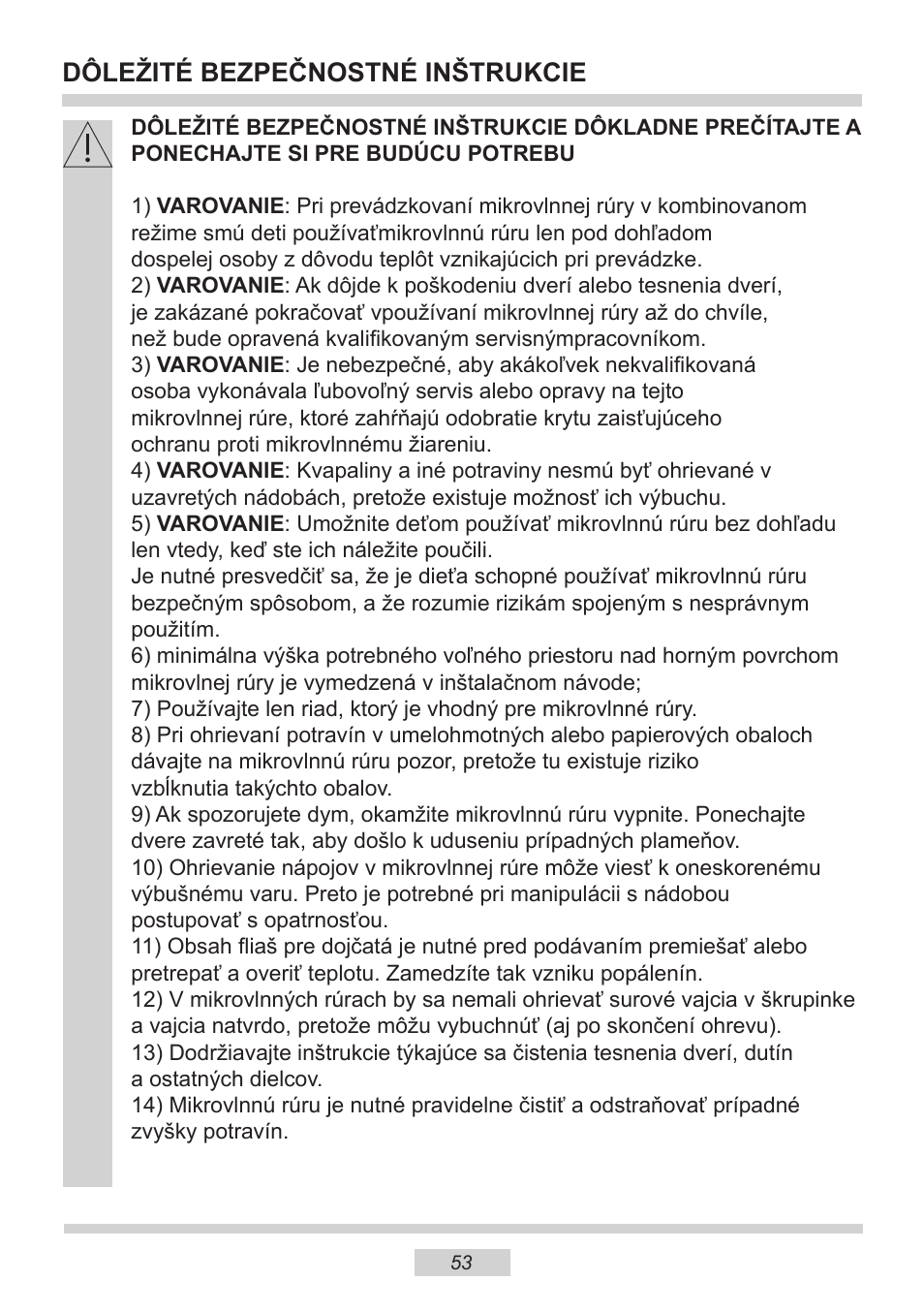 Dôležité bezpečnostné inštrukcie | AMICA EMW 13180 E DE User Manual | Page 53 / 116