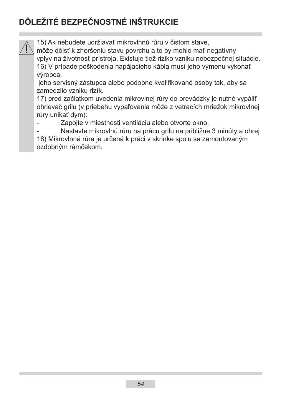 Dôležité bezpečnostné inštrukcie | AMICA EMW 13180 E DE User Manual | Page 54 / 116