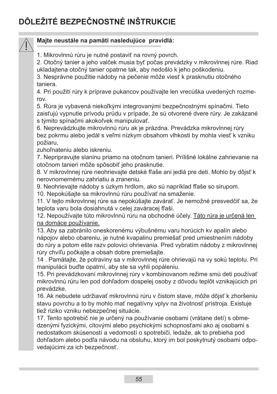 Dôležité bezpečnostné inštrukcie | AMICA EMW 13180 E DE User Manual | Page 55 / 116
