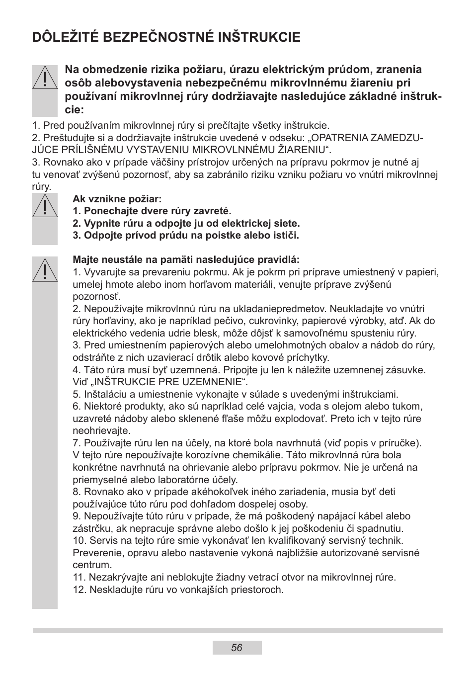 Dôležité bezpečnostné inštrukcie | AMICA EMW 13180 E DE User Manual | Page 56 / 116
