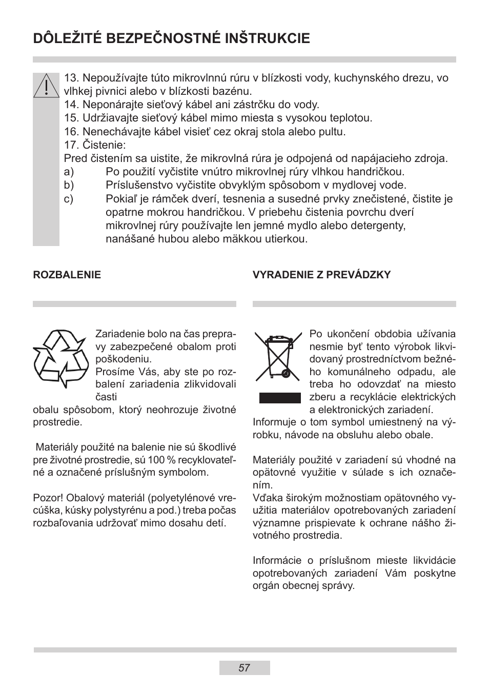 Dôležité bezpečnostné inštrukcie | AMICA EMW 13180 E DE User Manual | Page 57 / 116