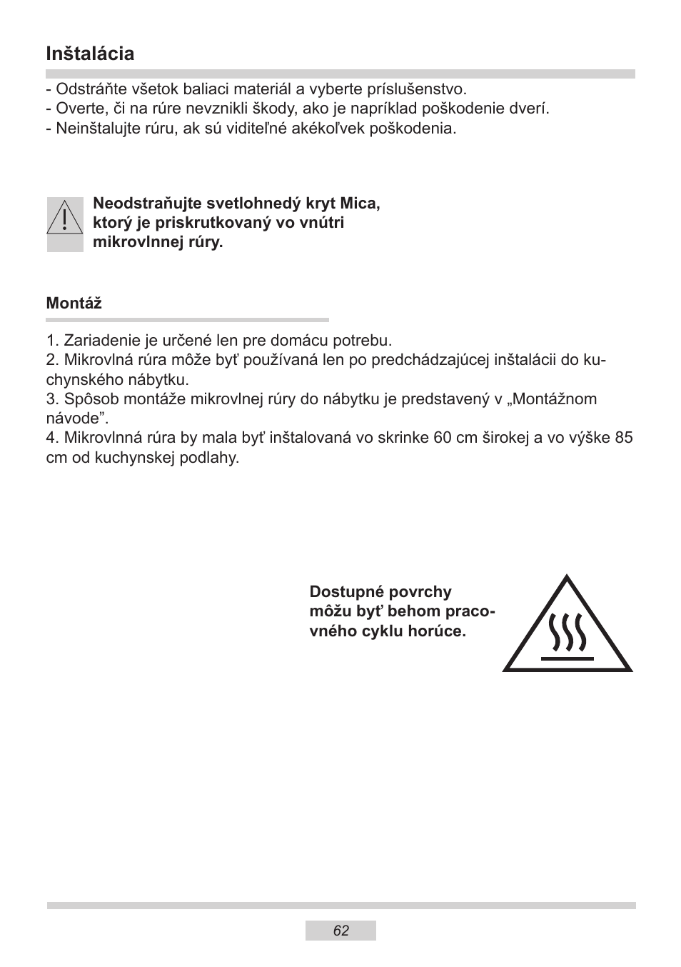 Inštalácia | AMICA EMW 13180 E DE User Manual | Page 62 / 116