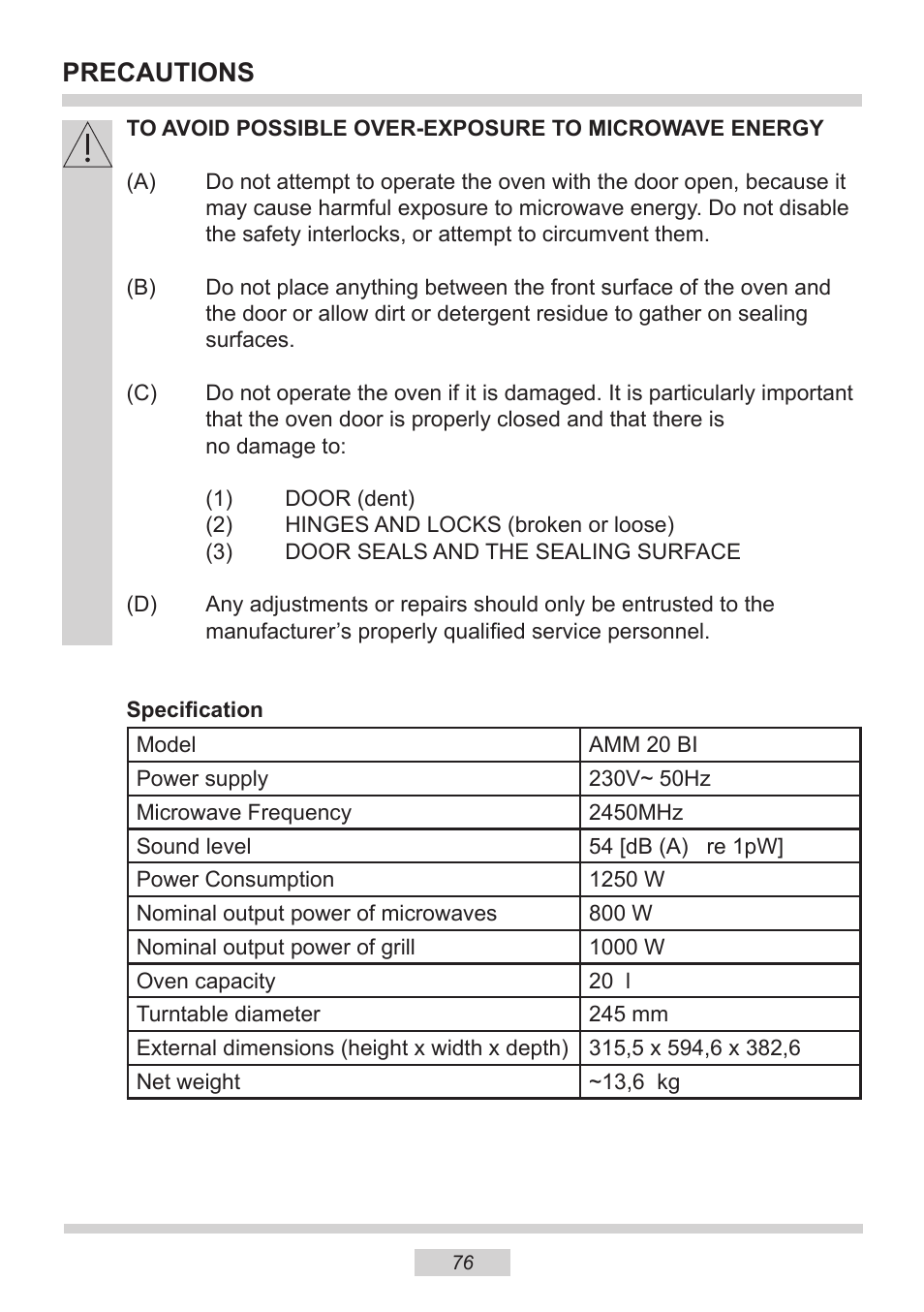 Precautions | AMICA EMW 13180 E DE User Manual | Page 76 / 116