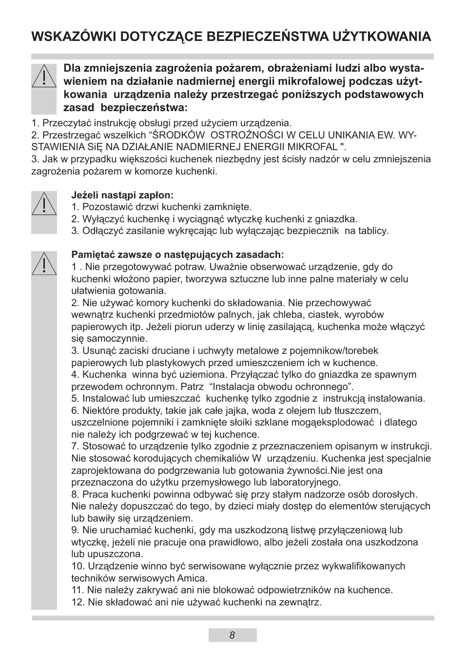 Wskazówki dotyczące bezpieczeństwa użytkowania | AMICA EMW 13180 E DE User Manual | Page 8 / 116