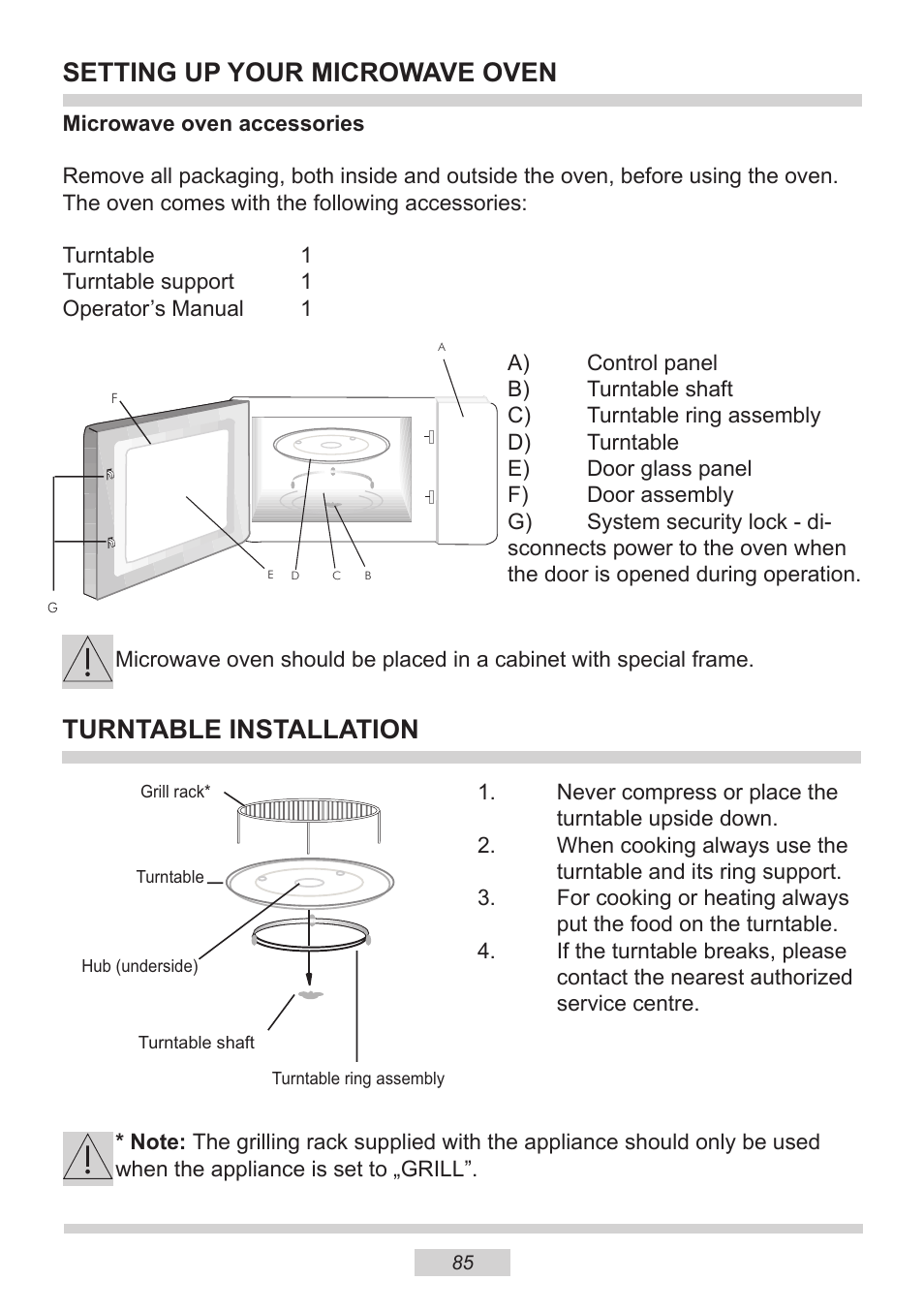 Setting up your microwave oven, Turntable installation | AMICA EMW 13180 E DE User Manual | Page 85 / 116