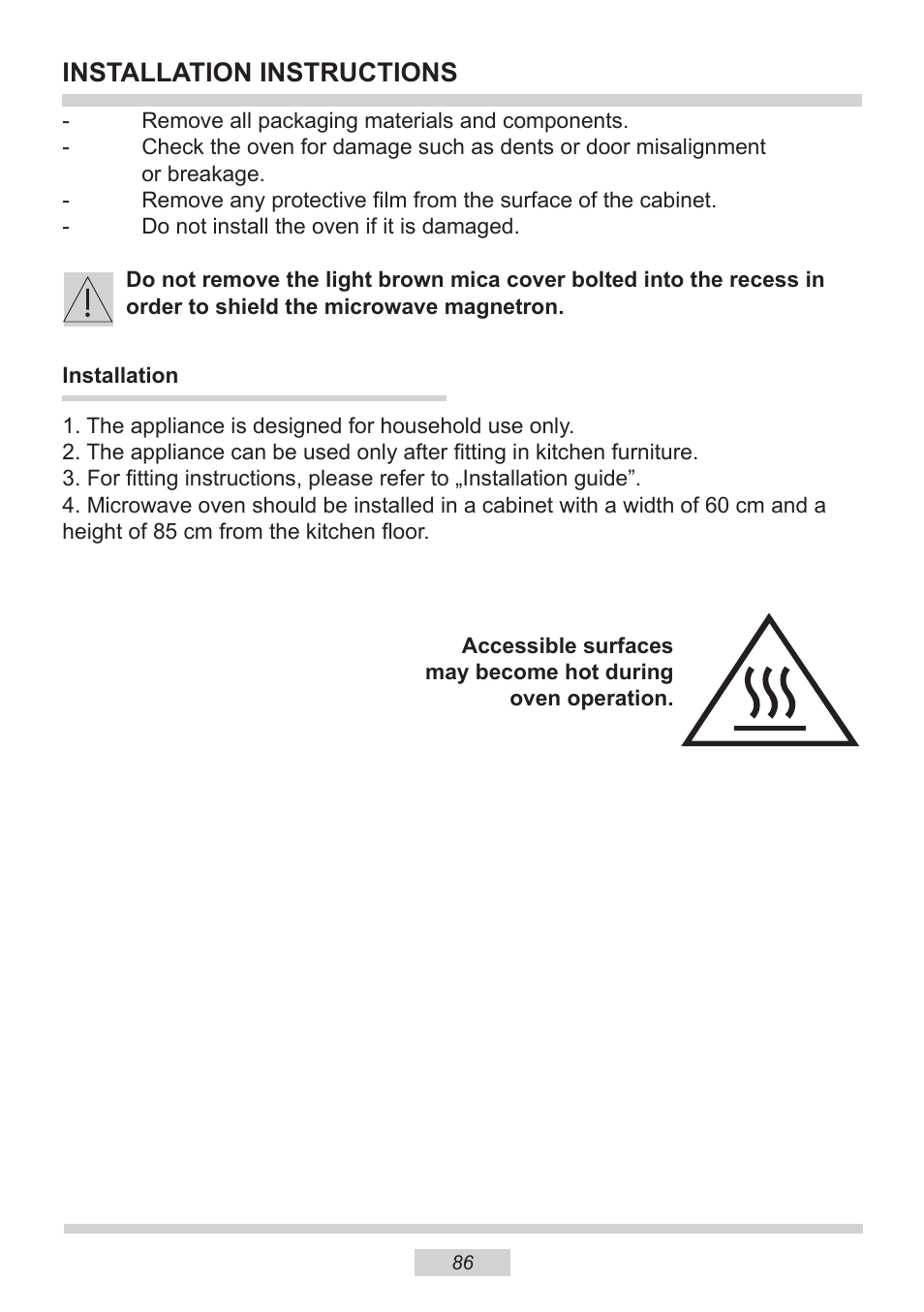 Installation instructions | AMICA EMW 13180 E DE User Manual | Page 86 / 116