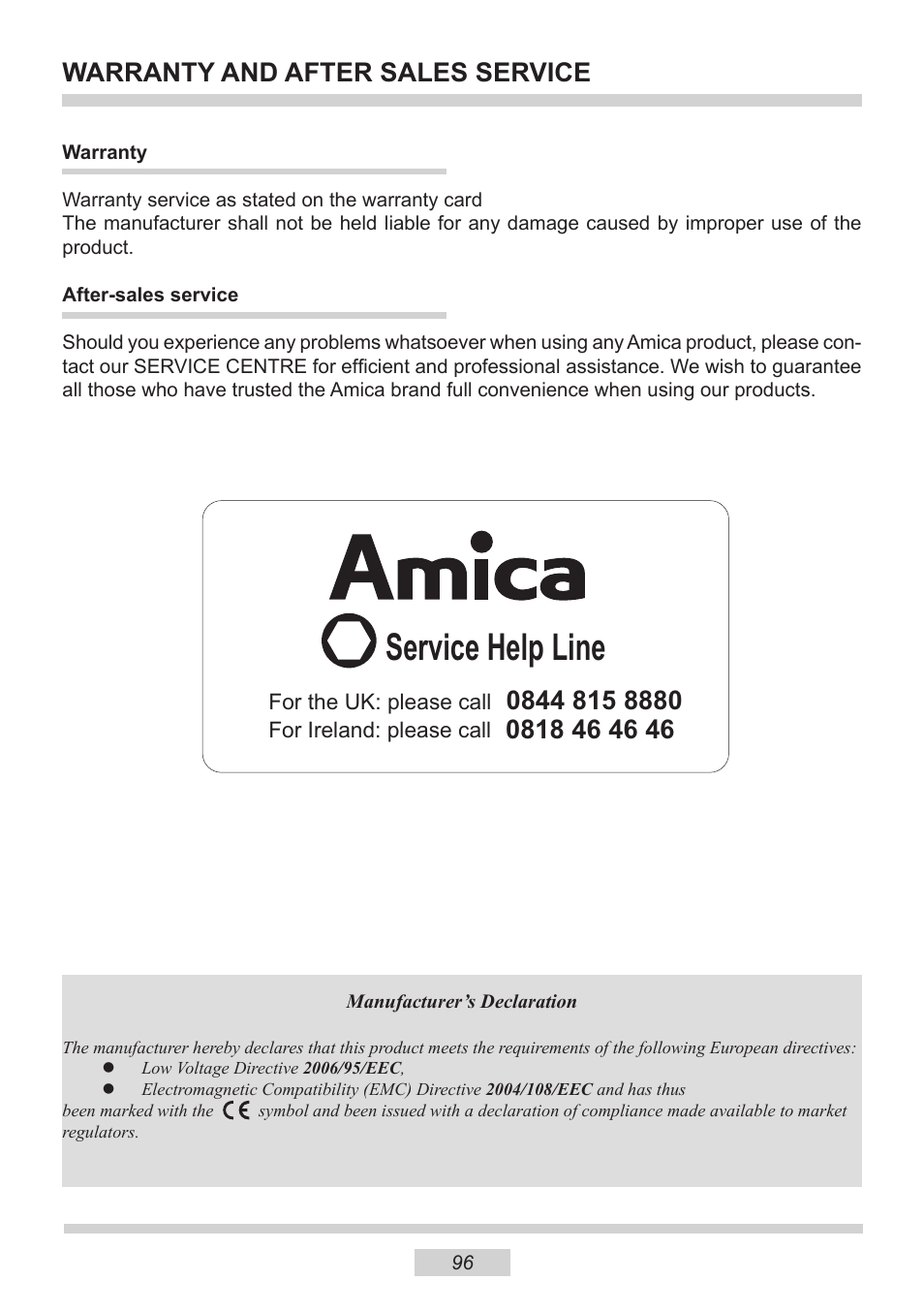 Service help line, Warranty and after sales service | AMICA EMW 13180 E DE User Manual | Page 96 / 116