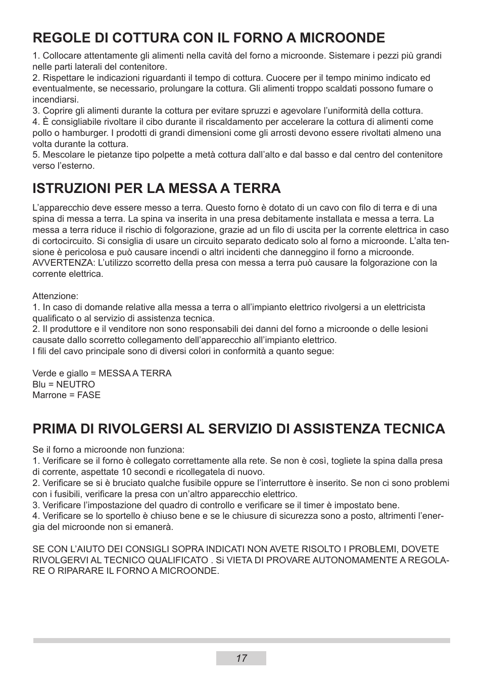 Regole di cottura con il forno a microonde, Istruzioni per la messa a terra | AMICA MW 13150 W DE User Manual | Page 113 / 132